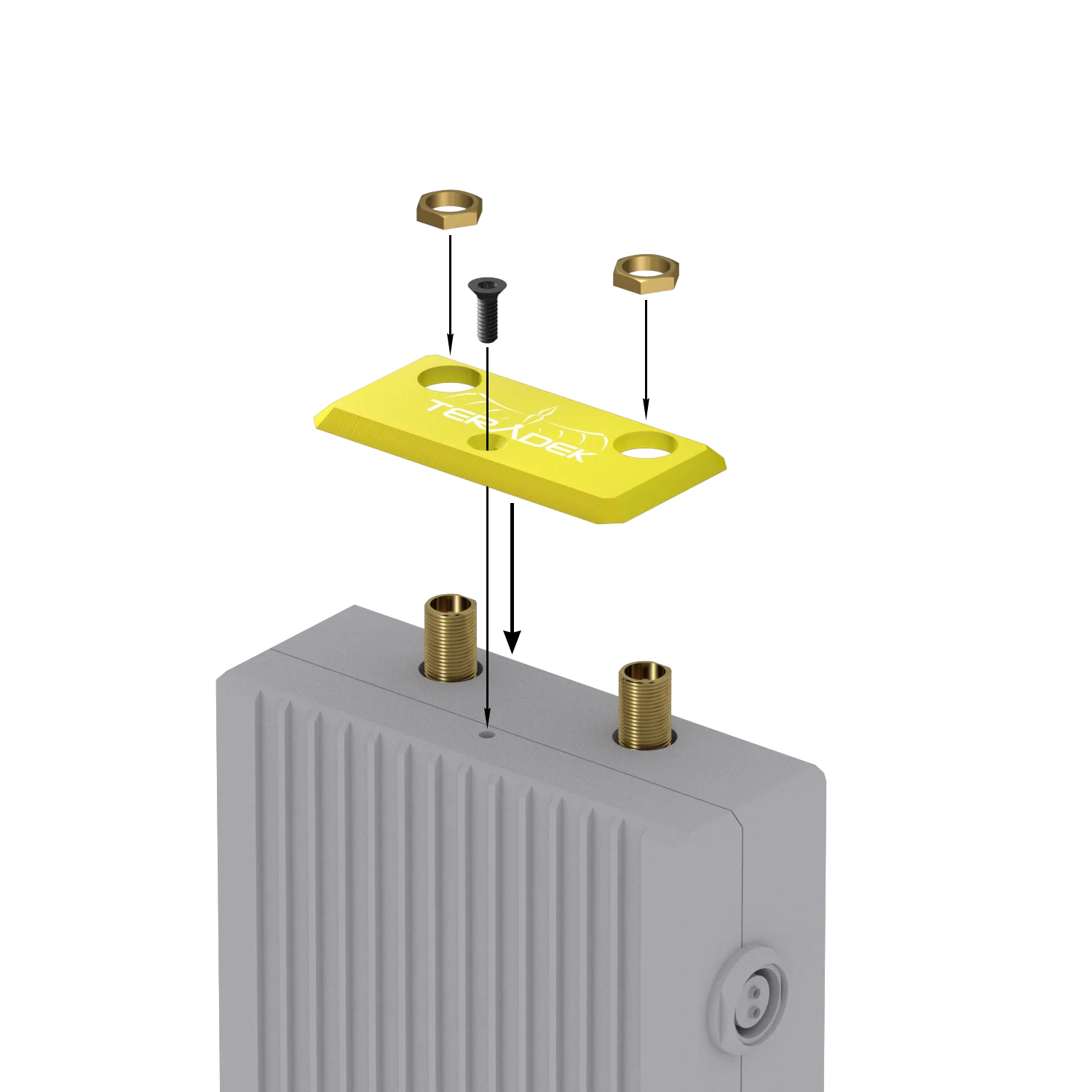 Teradek 11-0780 yellow identification plate positioned over a Bolt 1000/3000 transmitter