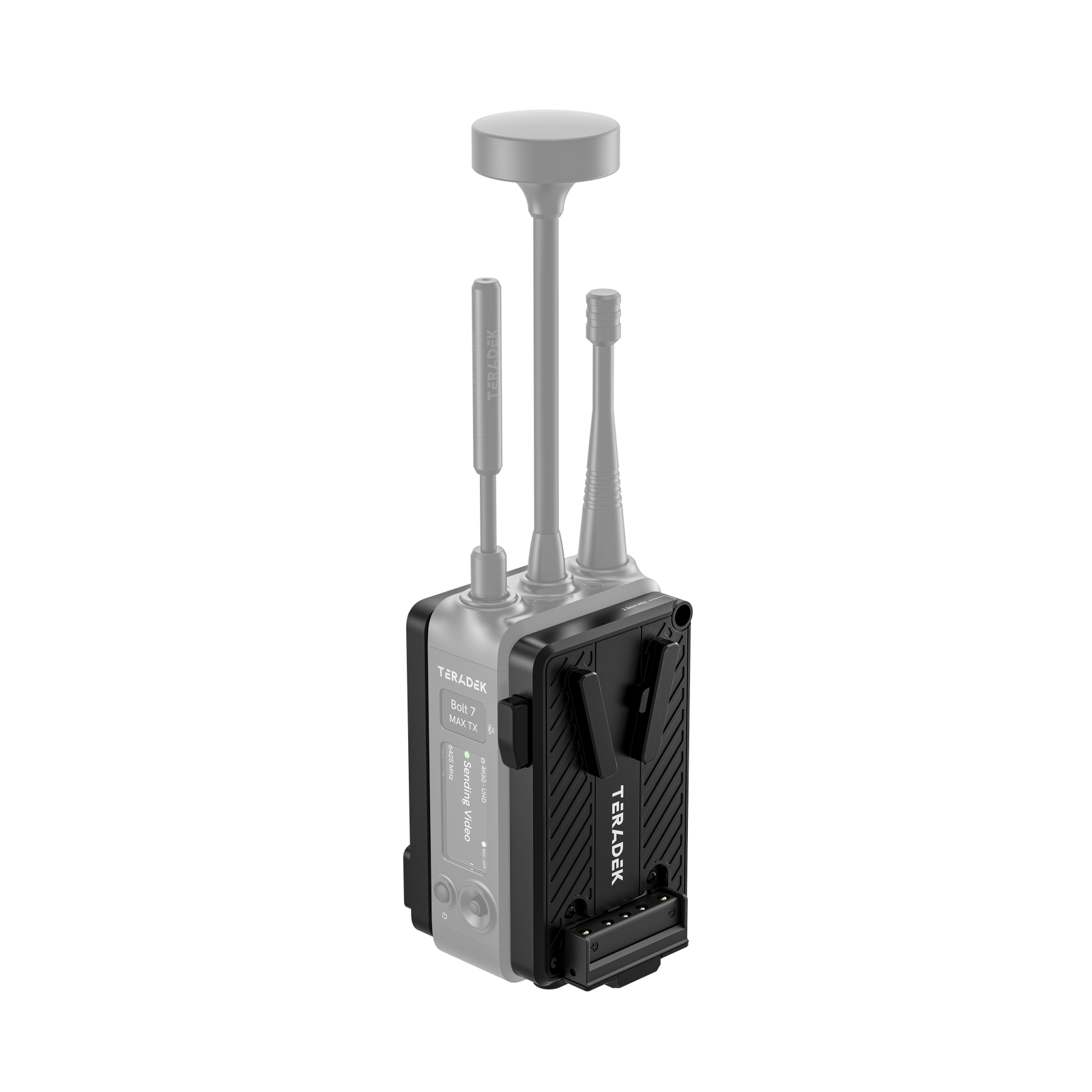 V-Mount battery cradle installed on a Teradek Bolt 7 transmitter