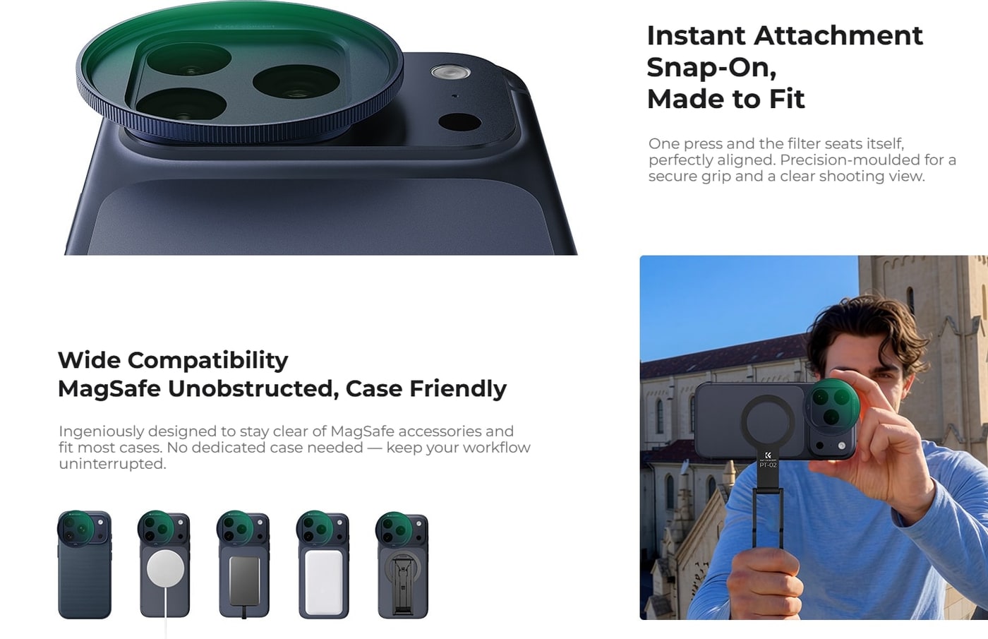 Snap-on with one press, MagSafe stays clear