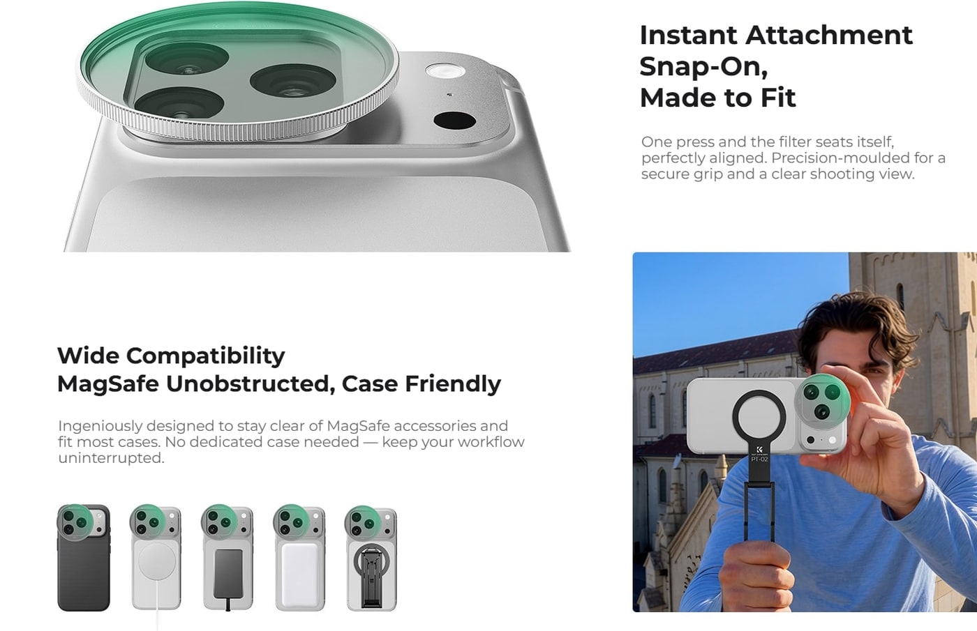Snap-on with one press, MagSafe stays clear