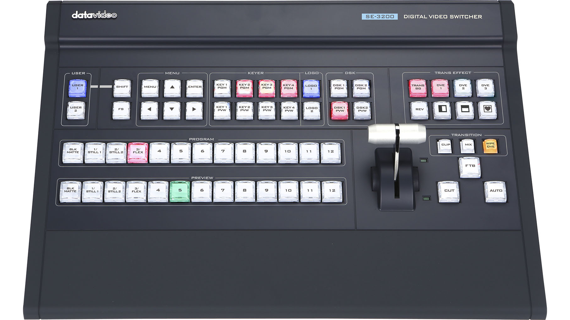 Datavideo SE-3200 control panel with program buttons, keyers and T-bar