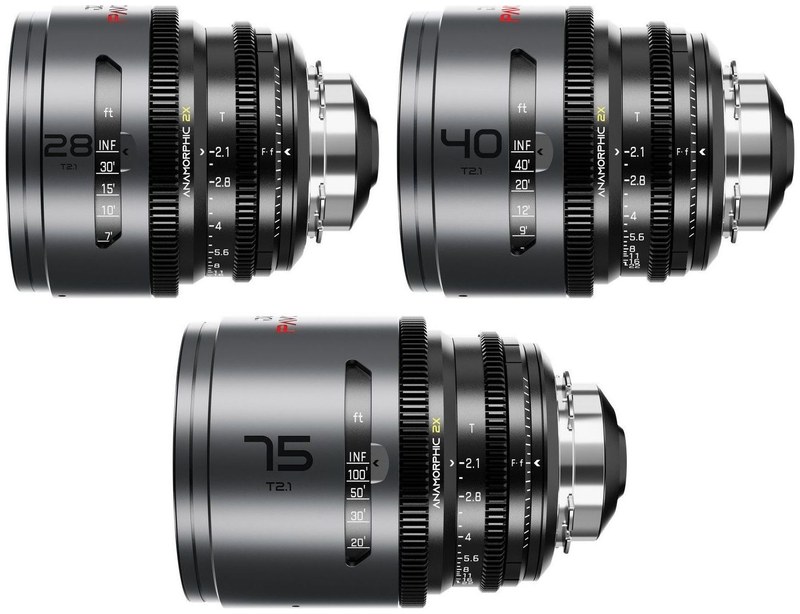DZOFILM Pavo 28/40/75mm 2× Anamorphic Set – Neutral, PL/EF, Feet Scale