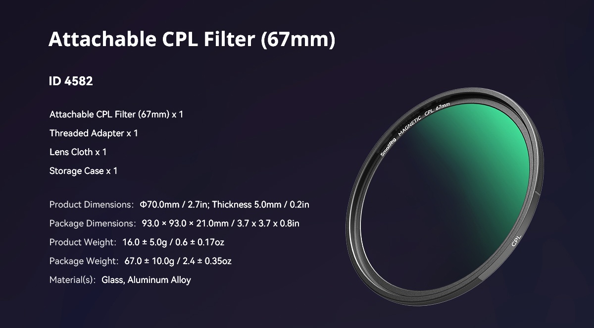 SmallRig 4727 Attachable CPL Filter with M-mount Filter Adapter 67mm
