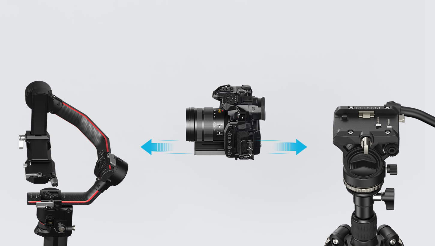 Quick release plates for DJI RS 2 / RS 3 / RS 3 Pro and for Manfrotto, making it easy to switch between stabilizer and tripod shooting