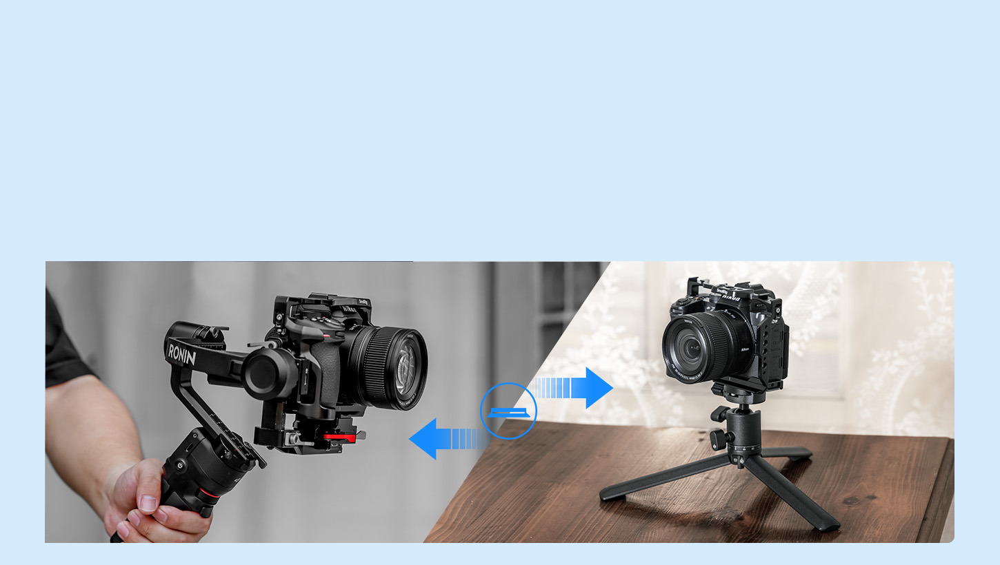 Arca-Swiss quick release plate enables swift transitions between handheld, tripod, and stabilizer setups
