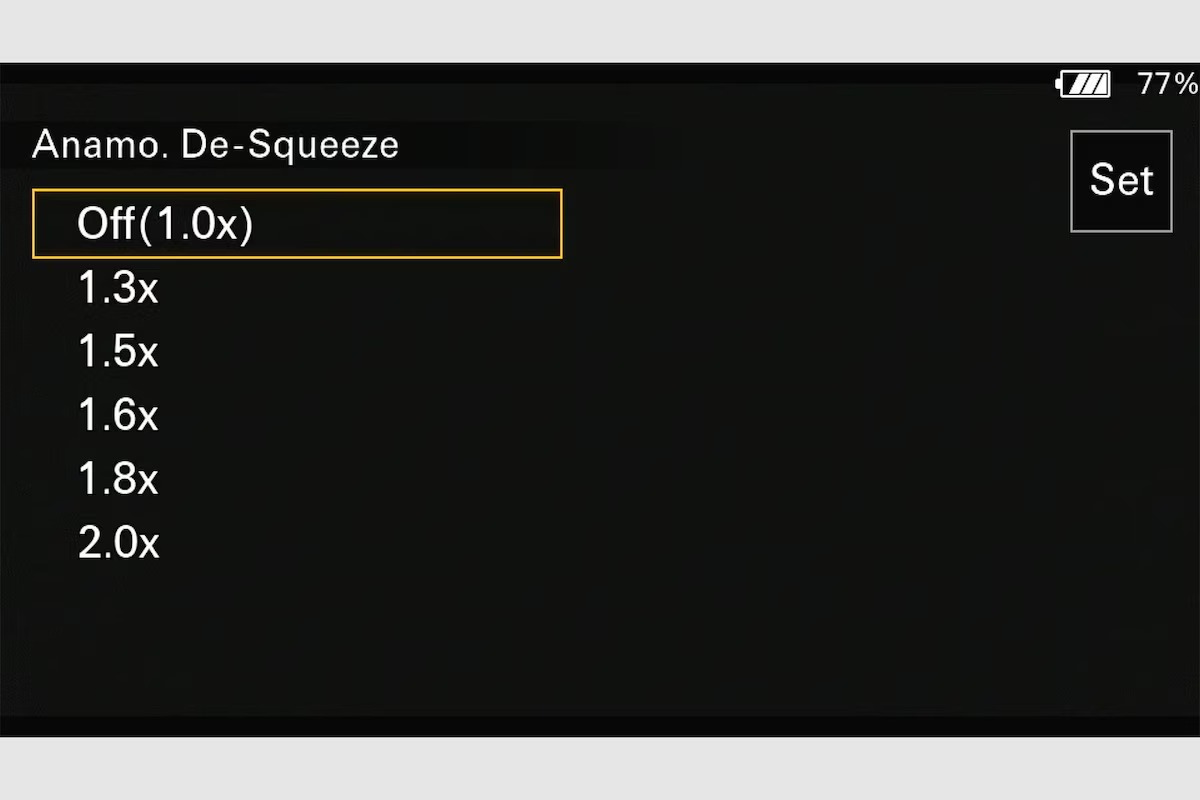 Anamorphic de-squeeze display of the Sony FX5