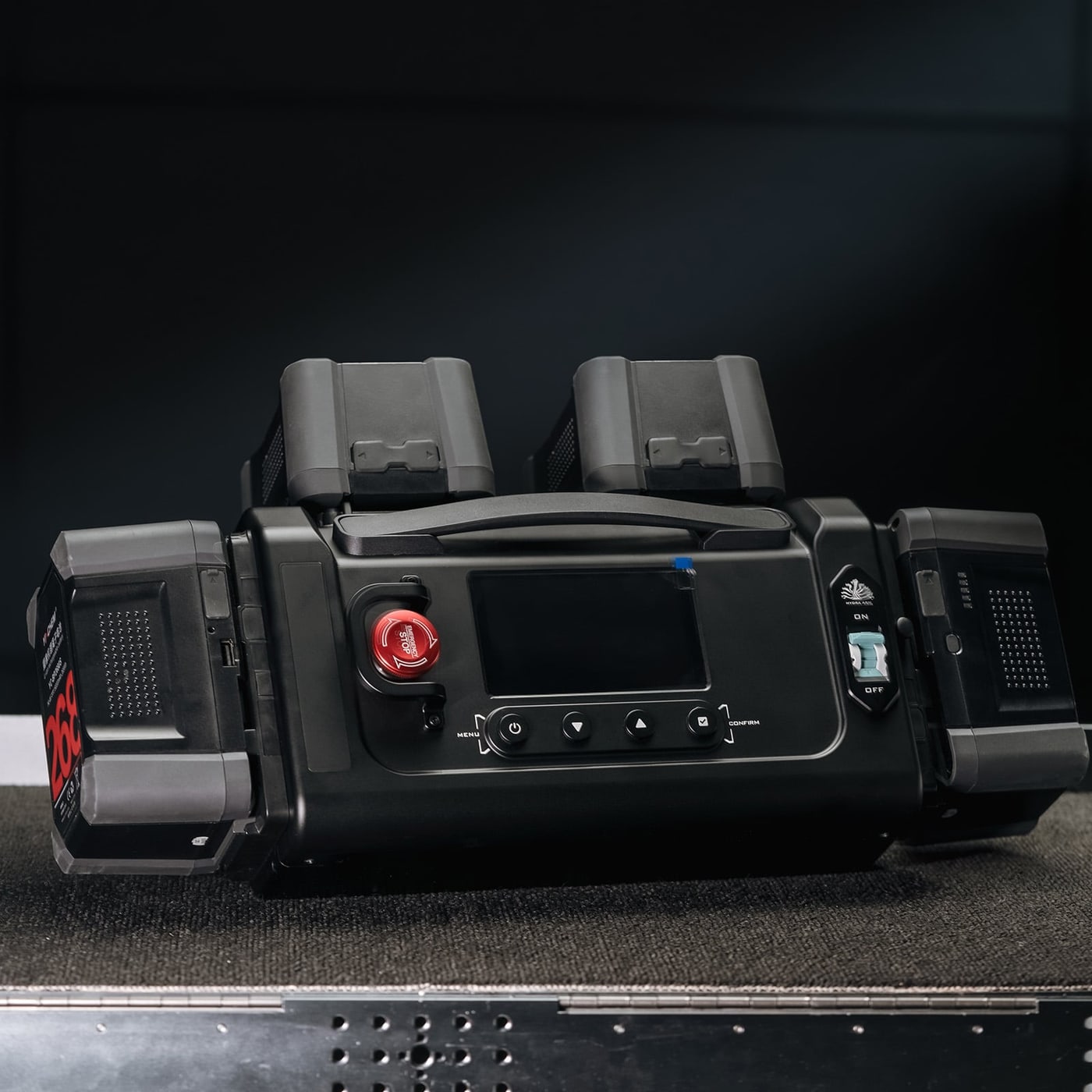 Four V-Mount batteries for a full day