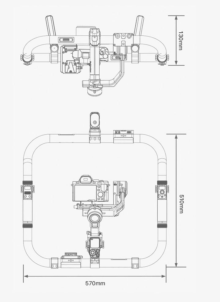 Dimensioned drawing of the Tilta Advanced Ring Grip ring grip: 570 × 510 × 130 mm