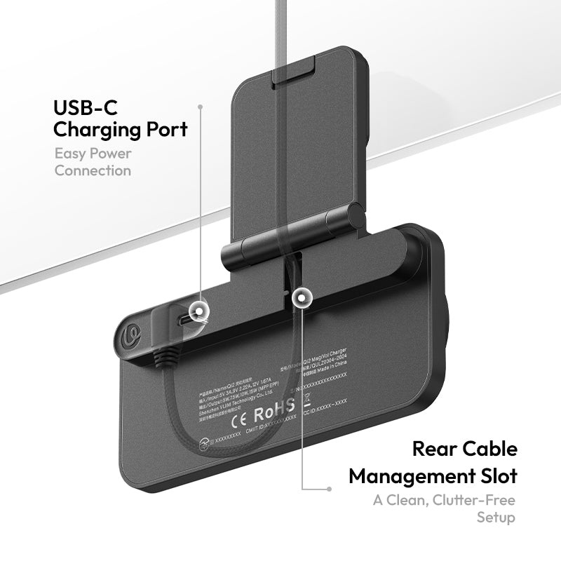 Ulanzi CW15 Qi2 15W bezdrátová nabíječka pod monitor – The cable disappears into a groove