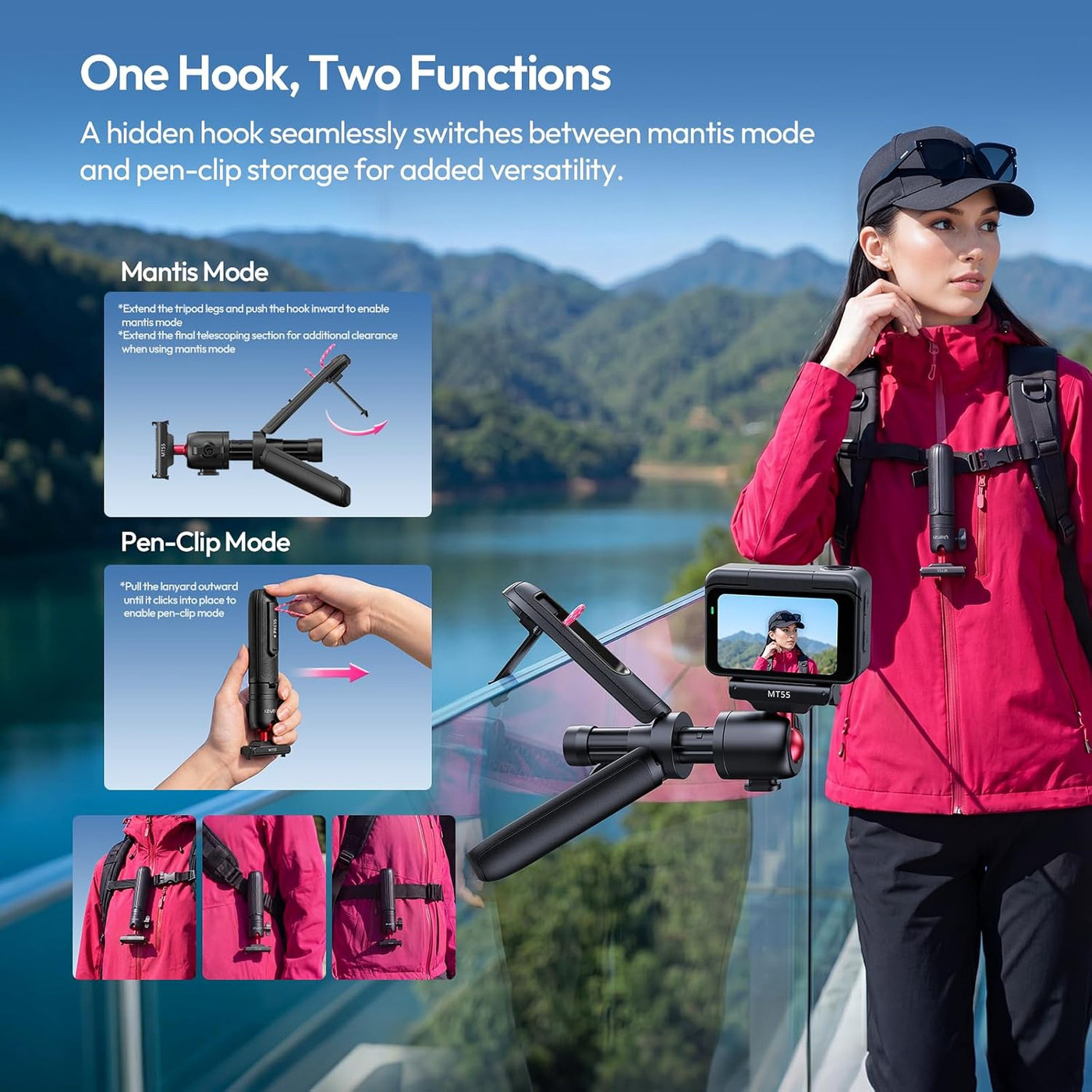 Ulanzi MT55 SnapGo ministativ a selfie tyč – A hidden hook and a carry clip