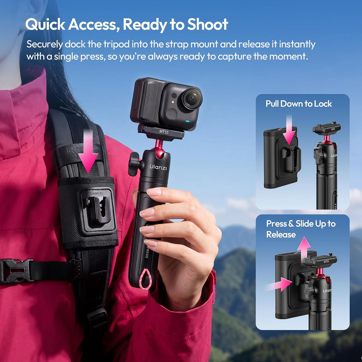 Ulanzi MT55 SnapGo ministativ a selfie tyč – Backpack strap mount
