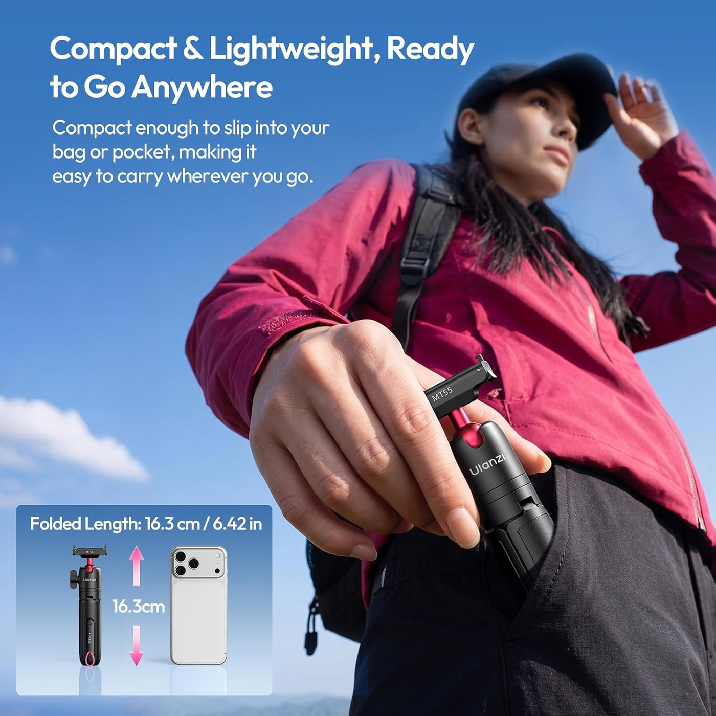 Ulanzi MT55 SnapGo ministativ a selfie tyč – 123 g and 16.3 cm folded