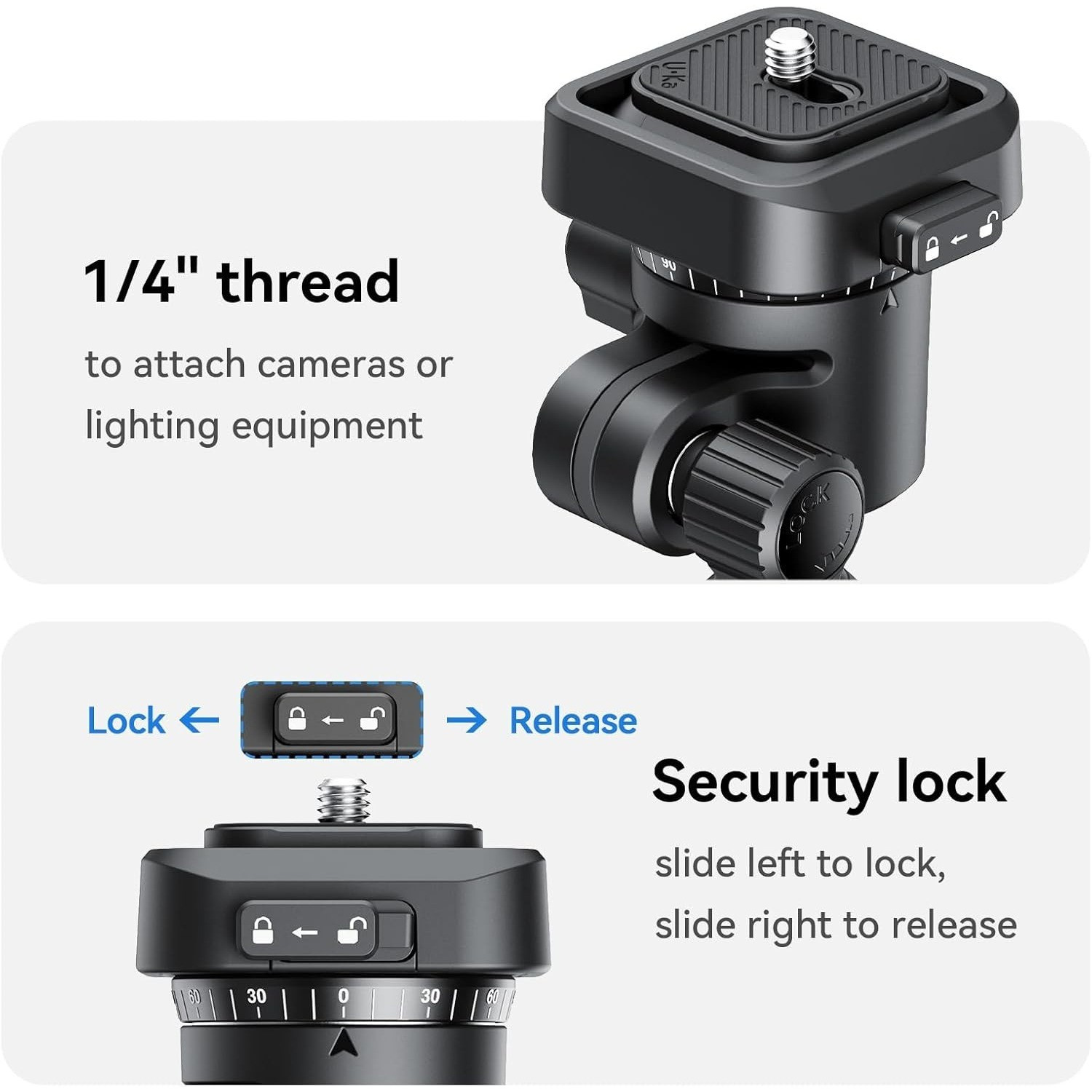 Ulanzi TH02 Uka obrácená kulová hlava – Sliding safety lock and 1/4″ thread