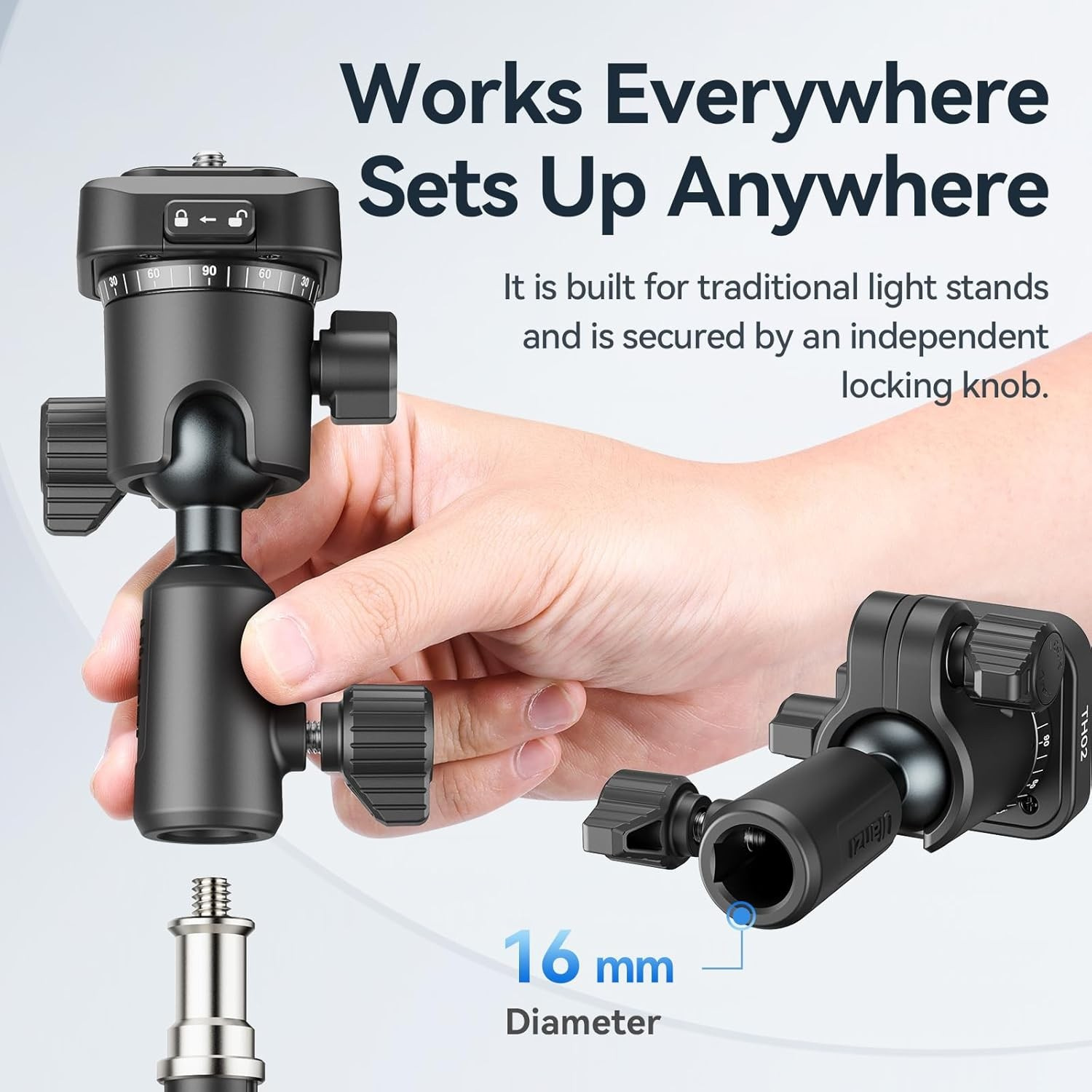 Ulanzi TH02 Uka obrácená kulová hlava – For standard 16 mm light stands