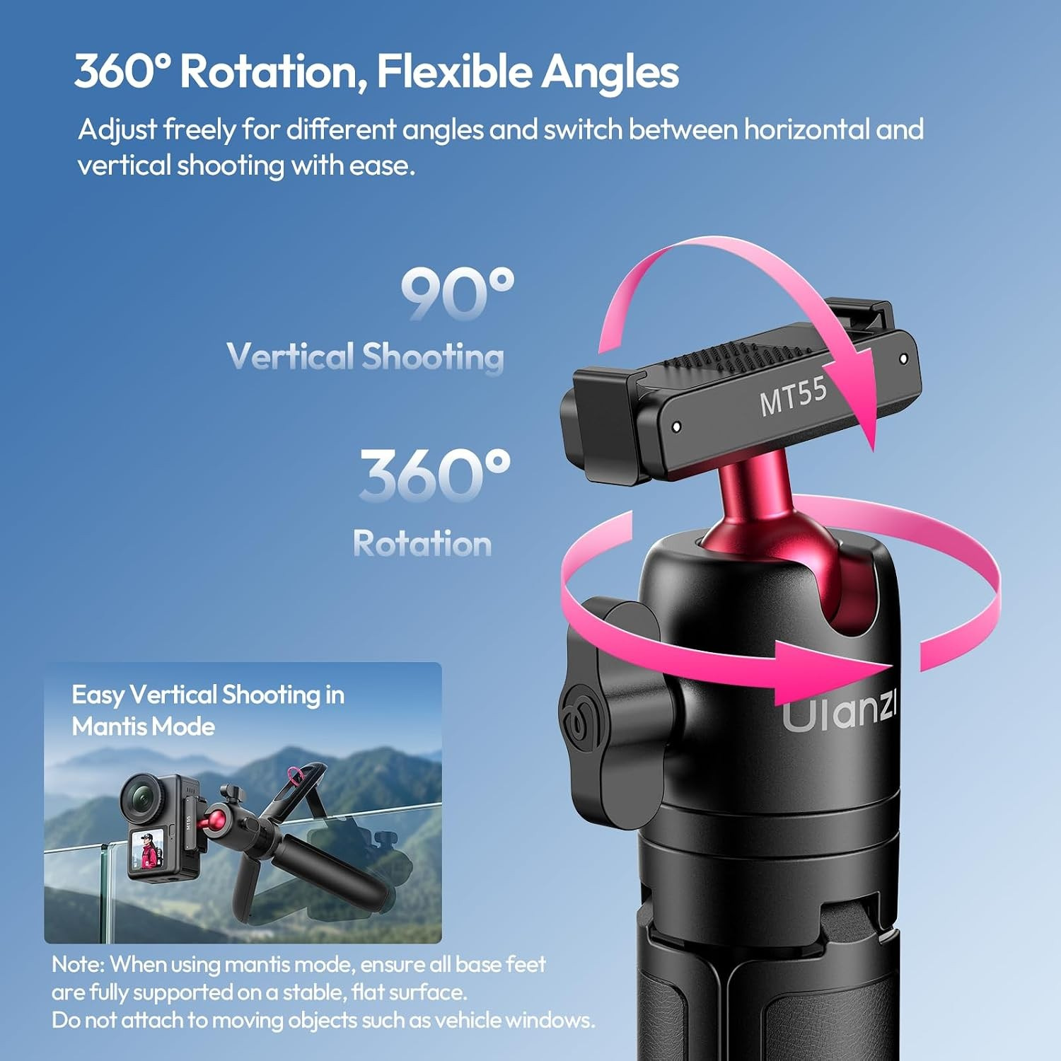 Ulanzi MT55 SnapGo ministativ a selfie tyč – Ball head: 360° and 90°