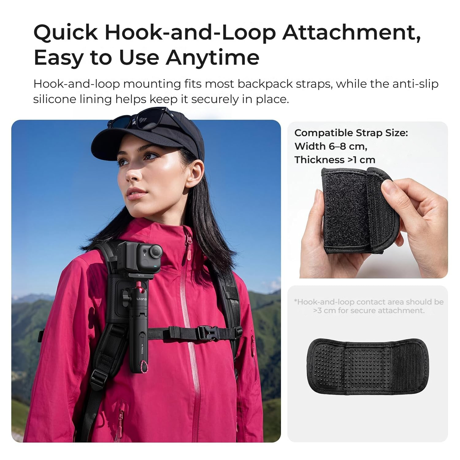 Ulanzi MT55 SnapGo ministativ a selfie tyč – Hook-and-loop mount with a non-slip lining