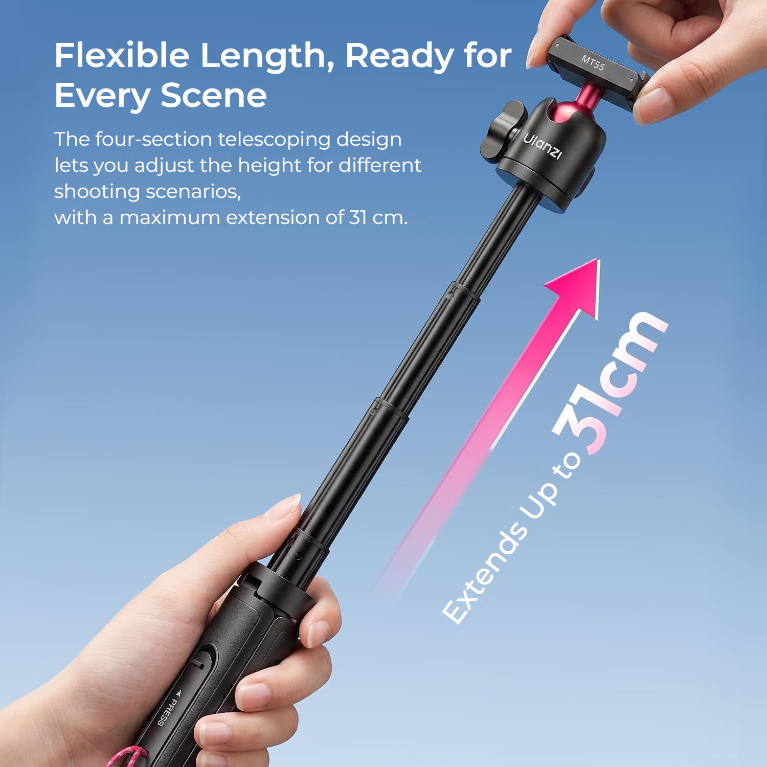 Ulanzi MT55 SnapGo ministativ a selfie tyč – A four-section telescoping pole