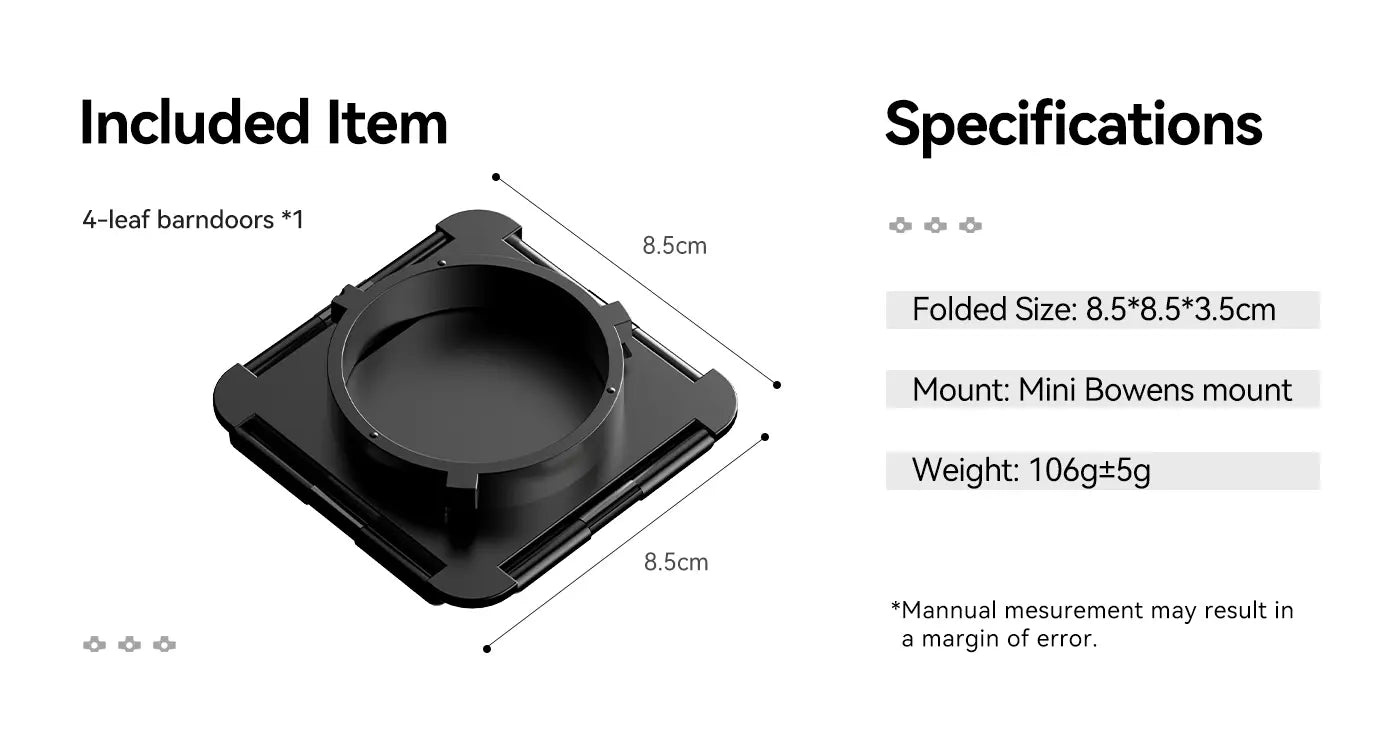 Ulanzi M4 4-Leaf Barndoors – Package contents and dimensions