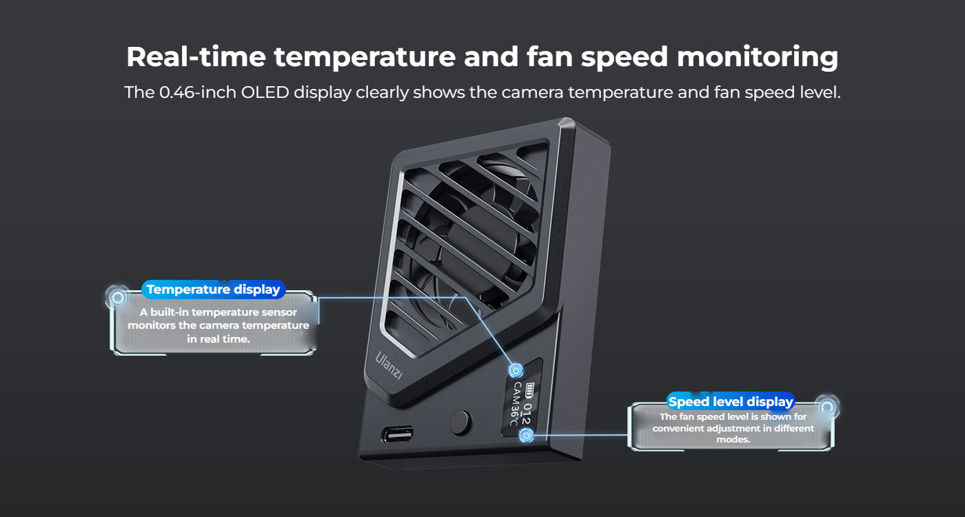 Ulanzi Camera Cooling Fan V3 stříbrný – Temperature and speed on the display