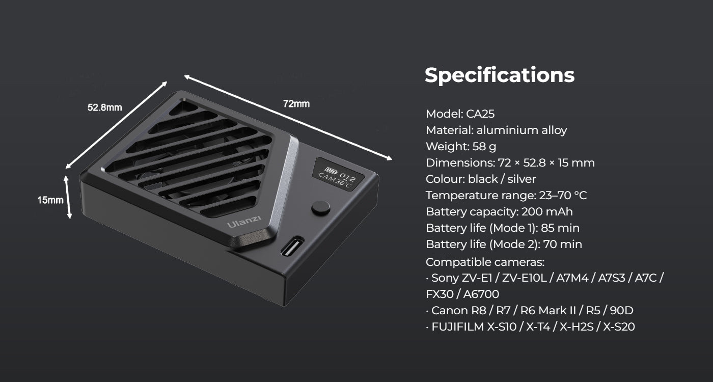 Ulanzi Camera Cooling Fan V3 stříbrný – Dimensions and compatibility