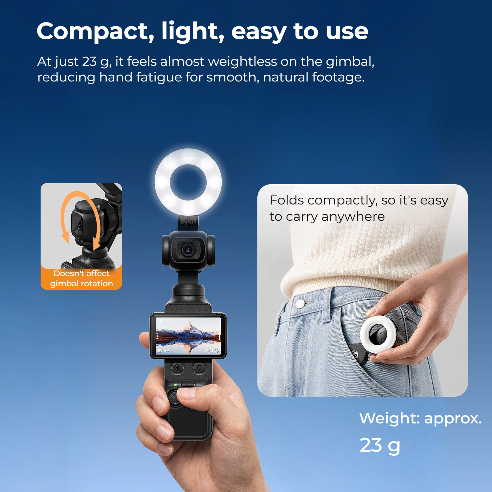 Ulanzi LM004 kruhové přisvětlení pro DJI Osmo Pocket 4 – 23 grams, and it folds with the gimbal