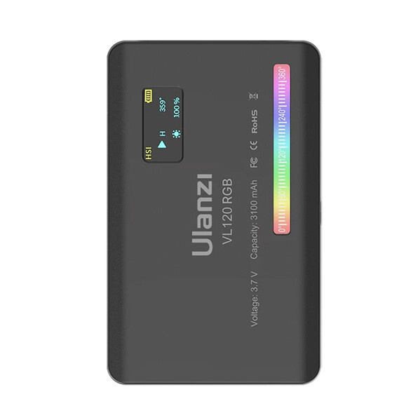Ulanzi VL120 RGB LED světlo (černé) – Display and controls on the back