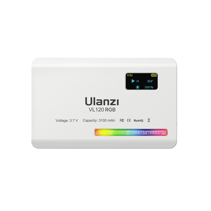 Ulanzi VL120 RGB LED světlo (bílé) – Display and controls on the back