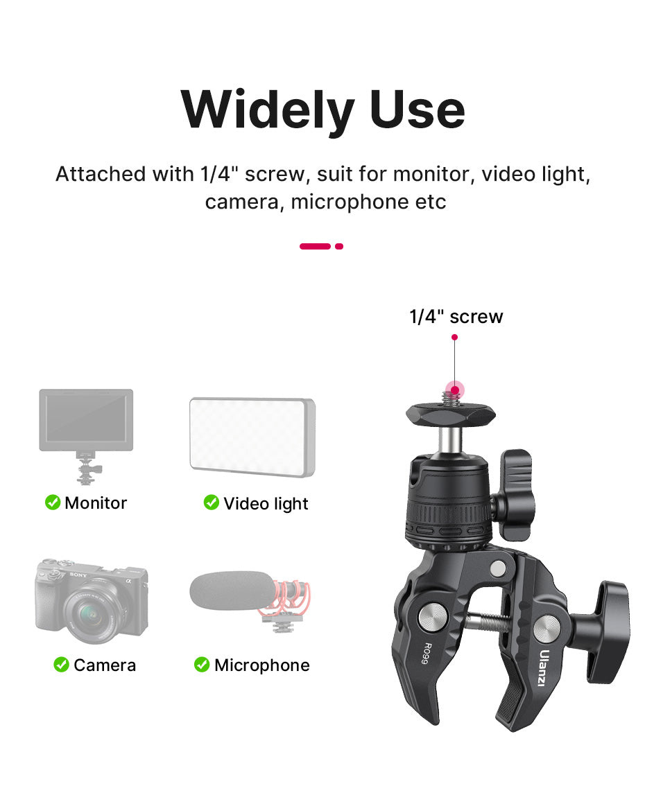 Ulanzi R099 svorka s mini kulovou hlavou – 1/4″ screw for monitor, light and mic