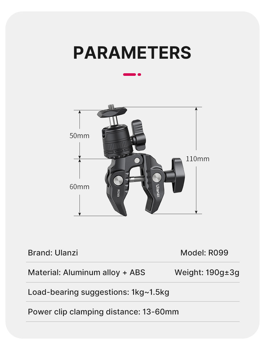 Ulanzi R099 svorka s mini kulovou hlavou – Parameters