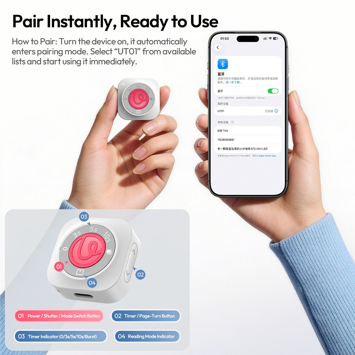 Ulanzi UT01 bluetooth dálková spoušť a scroller, bílá – Pair without an app