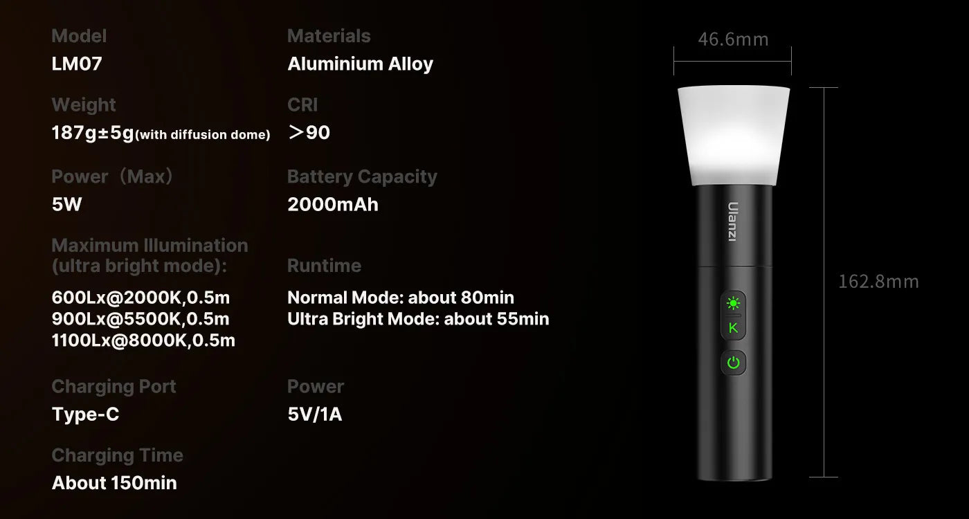 Ulanzi LM07 Videography Flashlight – Technical data